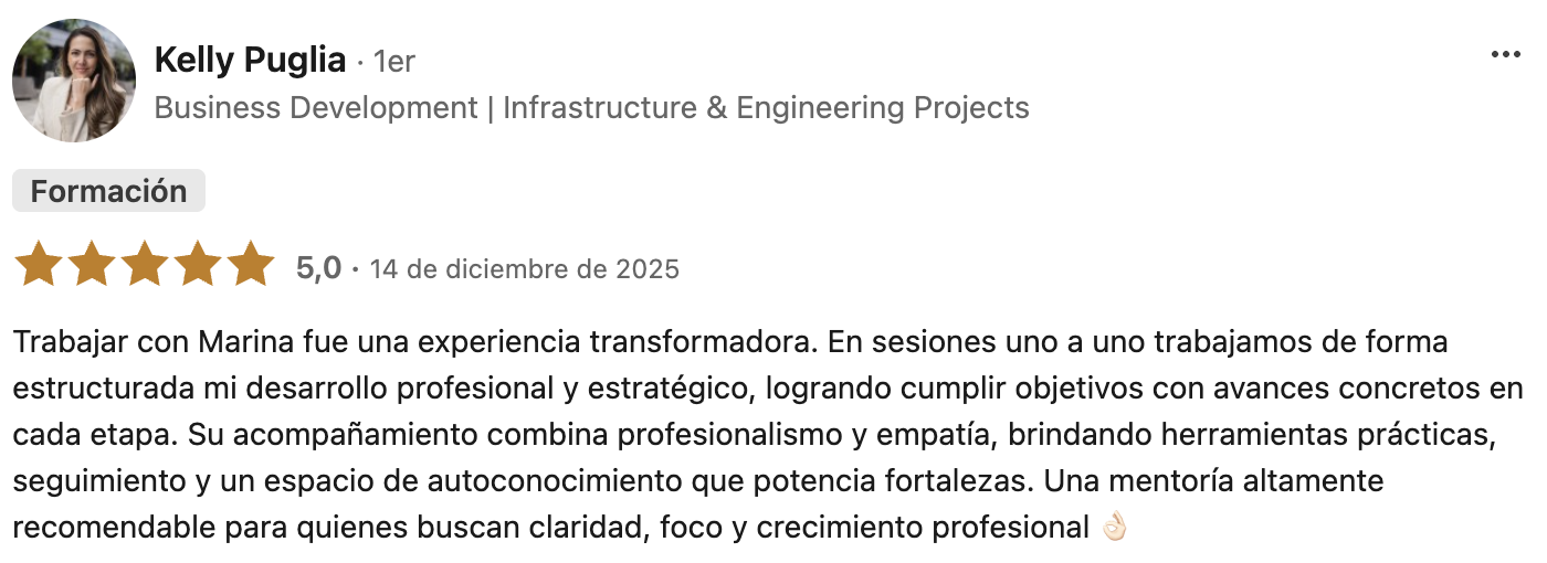 Testimonio completo de Kelly Puglia en LinkedIn