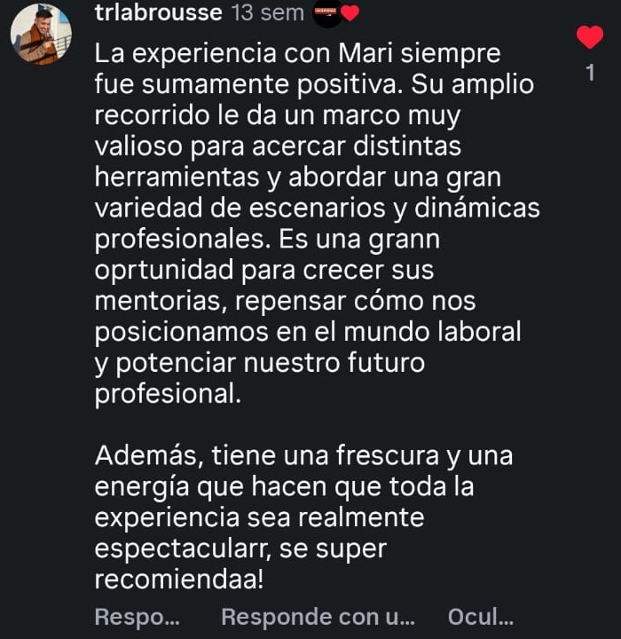 Comentario en Instagram sobre las Mentorías de Marina